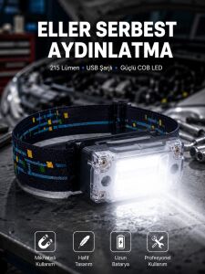 Kompakt LED Kafs Feneri USB Şarjlı Manyetik 2 Işık Modlu 215 Lümen Yeni Nesil