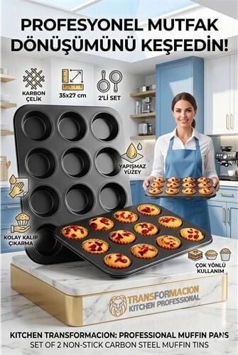 2'li Set 12'li Muffin Kalıbı | Karbon Çelik Yanmaz Yapışmaz Cupcake & Kek Pişirme Tepsisi 723122