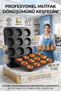 2'li Set 12'li Muffin Kalıbı | Karbon Çelik Yanmaz Yapışmaz Cupcake & Kek Pişirme Tepsisi 723122