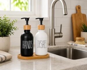 2’li Hands & Dishes Siyah Beyaz Cam Sabunluk Seti – Modern Minimalist Tasarım, 500 ml Kapasiteli, Bambu Standlı Dekoratif Mutfak & Banyo Sıvı Sabunluk Dispenser Seti
