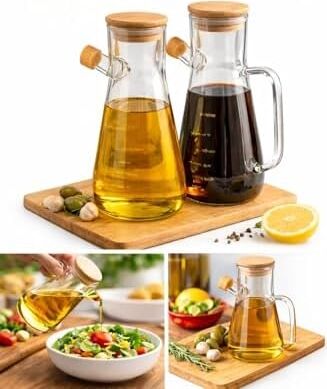 Cam Yağlık Şişe Seti Ahşap Kapaklı, Damlatmaz Akıtma Uçlu Cam Sirkelik ve Zeytinyağı Şişesi, Ölçü Işaretli Mutfak Yağ Dispenseri, Salata Sosu Dökme Sürahisi, Sızdırmaz Kapaklı