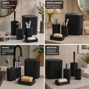 5 Parçalı Banyo Seti, Mat Siyah, Modern Tasarım, Çöp Kovası, Tuvalet Fırçası, Sıvı Sabunluk, Diş Fırçalık, Sabunluk