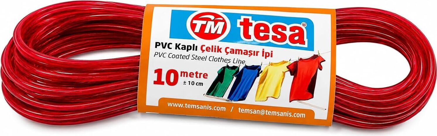 Tesa Pvc Kaplı Çelik Çamaşır Ipi 10 Metre – Dayanıklı Paslanmaz Çelik Iç Telli Çamaşır Asma Ipi | Güçlü Taşıma Kapasiteli Kırmızı Çamaşır Ipi