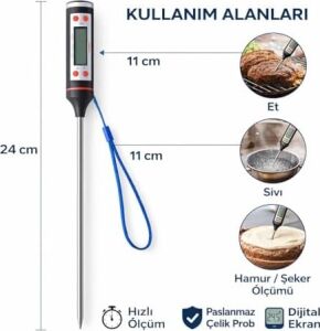 Dijital Mutfak Termometresi Paslanmaz Çelik Prob, Hızlı Ölçüm, LCD Ekranlı Gıda Termometresi, Et Sıvı Hamur Şeker Ölçümü, 24 cm Uzunluk