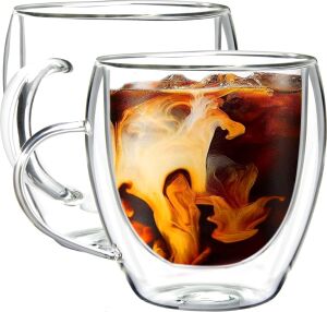2 Adet 250 ml Çift Cidarlı Isı Yalıtımlı Kulplu Cam Şeffaf Kupa MIT1009