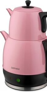 Demlika Pembe Xl Geniş Hazneli Damlatmaz Paslanmaz Çelik Çay Makinesi ve Su Isıtıcısı, 2 Litre Hazne, 1,4 Litre Demlik