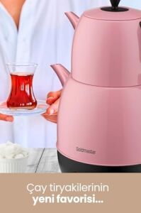 Demlika Pembe Xl Geniş Hazneli Damlatmaz Paslanmaz Çelik Çay Makinesi ve Su Isıtıcısı, 2 Litre Hazne, 1,4 Litre Demlik