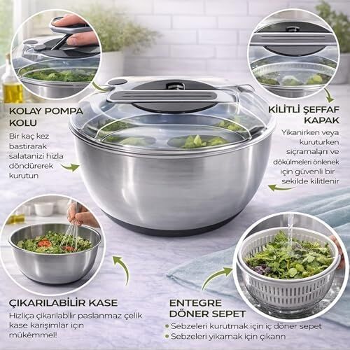 Paslanmaz Çelik Salata Kurutucu (Salad Spinner) – Kapaklı Süzgeç Sepetli, Kaymaz Taban, Hızlı Kurutma & Karıştırma Kasesi, Büyük Boy Mutfak Hazırlık Kabı