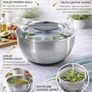 Paslanmaz Çelik Salata Kurutucu (Salad Spinner) – Kapaklı Süzgeç Sepetli, Kaymaz Taban, Hızlı Kurutma & Karıştırma Kasesi, Büyük Boy Mutfak Hazırlık Kabı