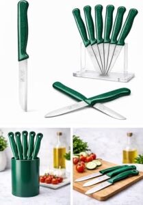 6'lı Tırtıklı Meyve Bıçağı Seti, Paslanmaz Çelik, Ergonomik Kaymaz Sap, Ultra Keskin, Meyve ve Sebze Için, 18 cm (Yeşil)