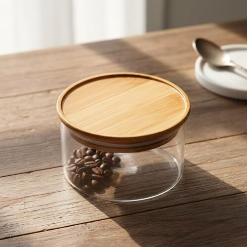 Doğal Bambu Kapaklı Borosilikat Cam Saklama Kabı - 300 ml Vakumlu Yuvarlak Baharatlık, Çay ve Kahve Kavanozu
