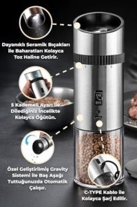 Paslanmaz Çelik Otomatik Tuz & Karabiber Öğütücü Şarjlı - Metalik