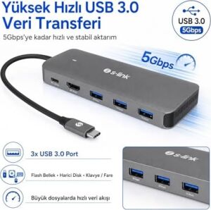 SWV-USBC036 6'sı 1 Arada Usb-C Hub, HDMI 4k, USB 3.0, Pd 3.0 Hızlı Şarj, Usb-C 3.1 M.2 SSD Okuyucu, Metal Gövde Type-C Çoklayıcı Adaptör, Laptop ve MacBook Uyumlu