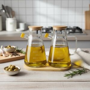 2'li Büyük Boy Şeffaf Cam Yağdanlık Seti - Bambu Kapaklı ve Standlı Elmas Desenli Yağlık Sirkelik (2 x 900 Ml)