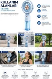 Mini El Tipi Fan Su Buharlı Serinletici Fan, USB Type-C Şarjlı, 3 Kademeli Hız Ayarlı, Taşınabilir Elektrikli Fan, Nemlendirici Püskürtmeli Portatif Fan, Ofis, Seyahat, Araç ve Günlük Kullanım Için
