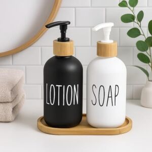 2’li Cam Sıvı Sabunluk ve Losyonluk Seti | 500 ml Siyah & Beyaz Boyalı Cam | Bambu Kapak ve Ahşap Altlıklı Banyo Seti | Şık ve Dayanıklı Tasarım
