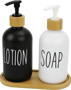 2’li Cam Sıvı Sabunluk ve Losyonluk Seti | 500 ml Siyah & Beyaz Boyalı Cam | Bambu Kapak ve Ahşap Altlıklı Banyo Seti | Şık ve Dayanıklı Tasarım