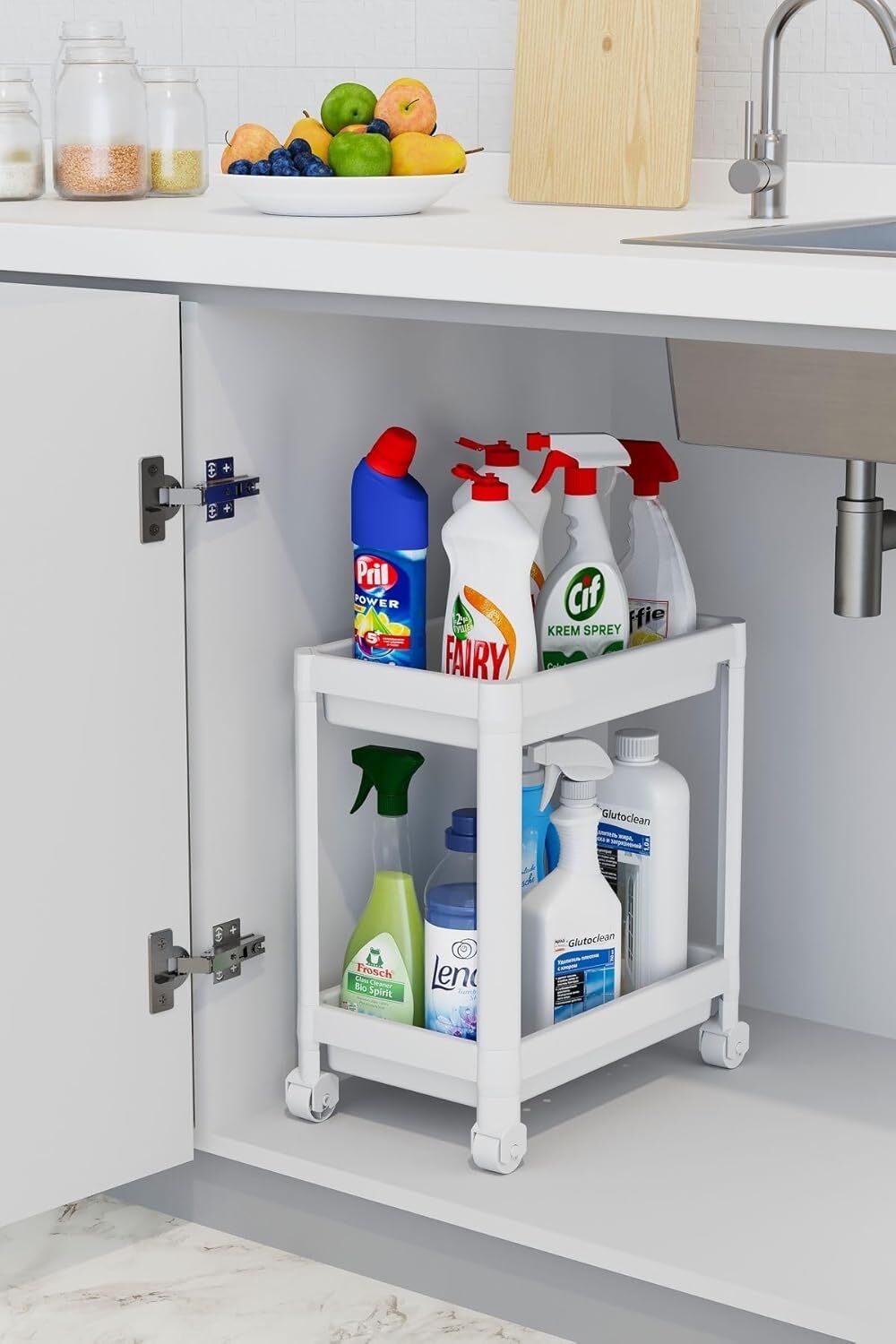2 Katlı Tekerlekli Düzenleyici Raf, Banyo Dolabı, Mutfak Tezgah ve Evye Altı