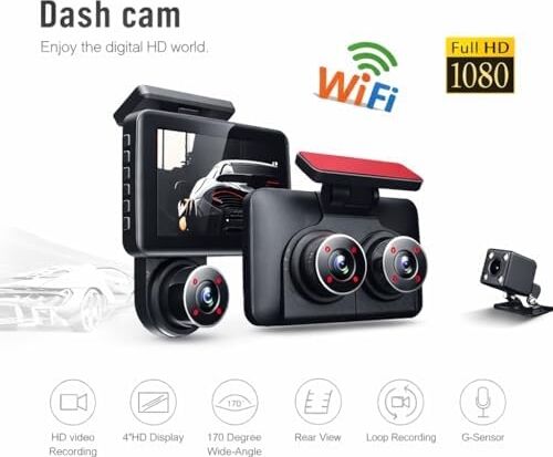 Wifi Destekli 3 Kameralı Araç Içi Kamera – 1080P Full Hd, 4.0'' Ekran, Gece Görüş, G-Sensör Acil Kayıt, Arka Görüş Kamerası, Döngüsel Kayıt ve Park Koruma Özellikli