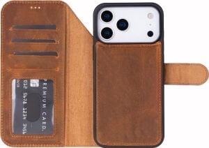 Apple iPhone 17 Pro Max Için, Hakiki Deri, El Yapımı Cüzdanlı Kılıf, Magsafe ile Uyumlu, Iç Yüzeyi Kadife, Karamel