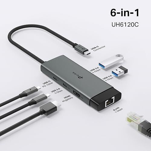 UH6120C, 1 Hdmı, 1 100W Hızlı Şarj Portu, 1 Usb-C, 2 Usb-A 3.0 Port ve Type C Den Gigabit Ethernet Dönüştürücü