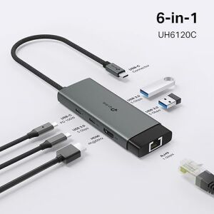 UH6120C, 1 Hdmı, 1 100W Hızlı Şarj Portu, 1 Usb-C, 2 Usb-A 3.0 Port ve Type C Den Gigabit Ethernet Dönüştürücü