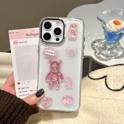 3D Pembe Ayıcık Simli iPhone 15 Plus / 14 Plus Uyumlu Telefon Kılıfı – Şeffaf Silikon Glitter Bear Tasarımlı Darbe Emici