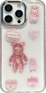 3D Pembe Ayıcık Simli iPhone 15 Plus / 14 Plus Uyumlu Telefon Kılıfı – Şeffaf Silikon Glitter Bear Tasarımlı Darbe Emici