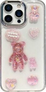 3D Pembe Ayıcık Simli iPhone 15 Plus / 14 Plus Uyumlu Telefon Kılıfı – Şeffaf Silikon Glitter Bear Tasarımlı Darbe Emici