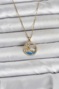 316L Çelik Zincir Gold Renk Zirkon Taşlı Deniz Temalı Kadın Kolye