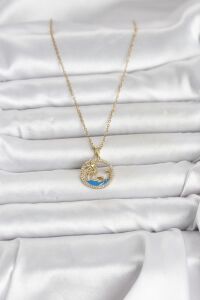 316L Çelik Zincir Gold Renk Zirkon Taşlı Deniz Temalı Kadın Kolye