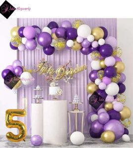 Bkmc 5 Yaş Macaron Mor Balon Zinciri Seti Gölge Mor Altın Balon Dekorasyon BMCNM767