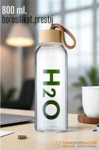 Cam Matara - 800 ml Bambu Kapaklı Borosilikat Cam Matara - Ofis Matarası 721961
