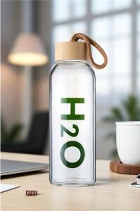 Cam Matara - 800 ml Bambu Kapaklı Borosilikat Cam Matara - Ofis Matarası 721961