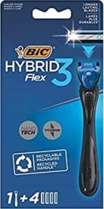 Bıc Hybrid 3 Erkek Tıraş Bıçağı 1 Sap ve 4 Yedek Başlık (3 Bıçak), 3 Teknolojik Titanyum Bıçak, E Vitamini ile Zenginleştirilmiş Geniş Kayganlaştırıcı Bant