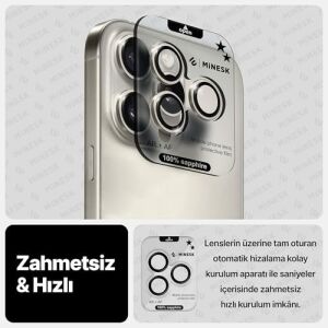 iPhone 15 Pro / 15 Pro Max ile Uyumlu Orijinal Safir Cam (%99.9 Saflıkta Gerçek Safir) Cihazın Kendi Lensleri ile Aynı Materyal Lens Koruyucu Kamera Camı (Titanyum)