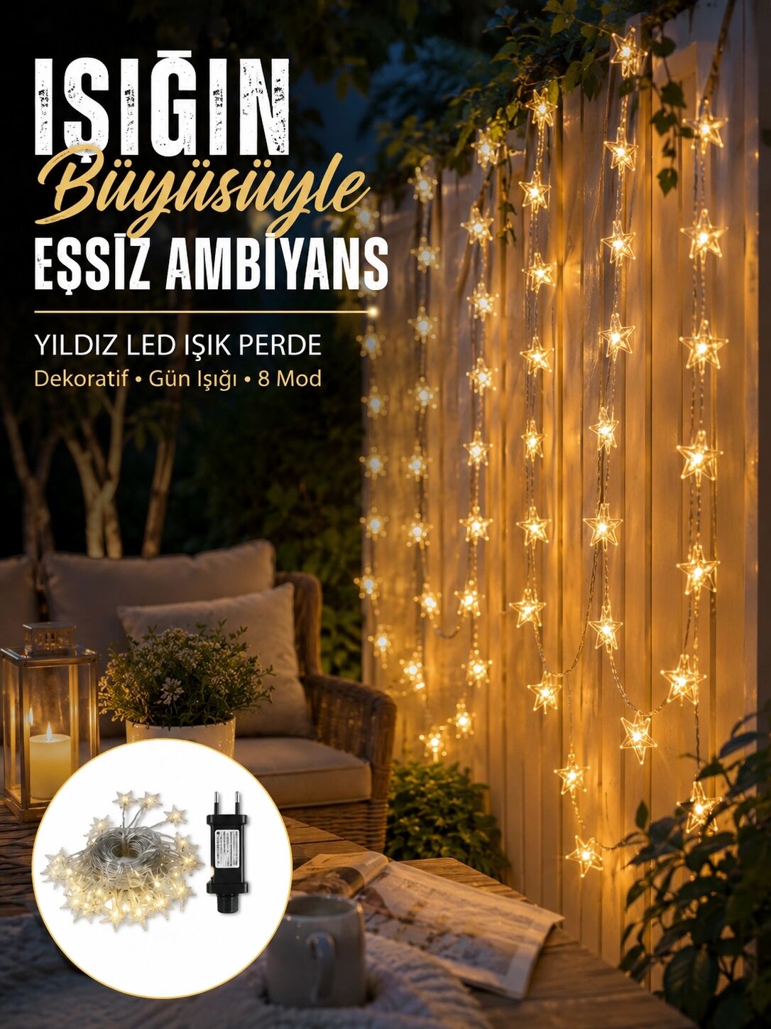 Dekoratif Yıldız LED Aydınlatma 20 Ledli 5 Metre Günışığı Yeni Nesil