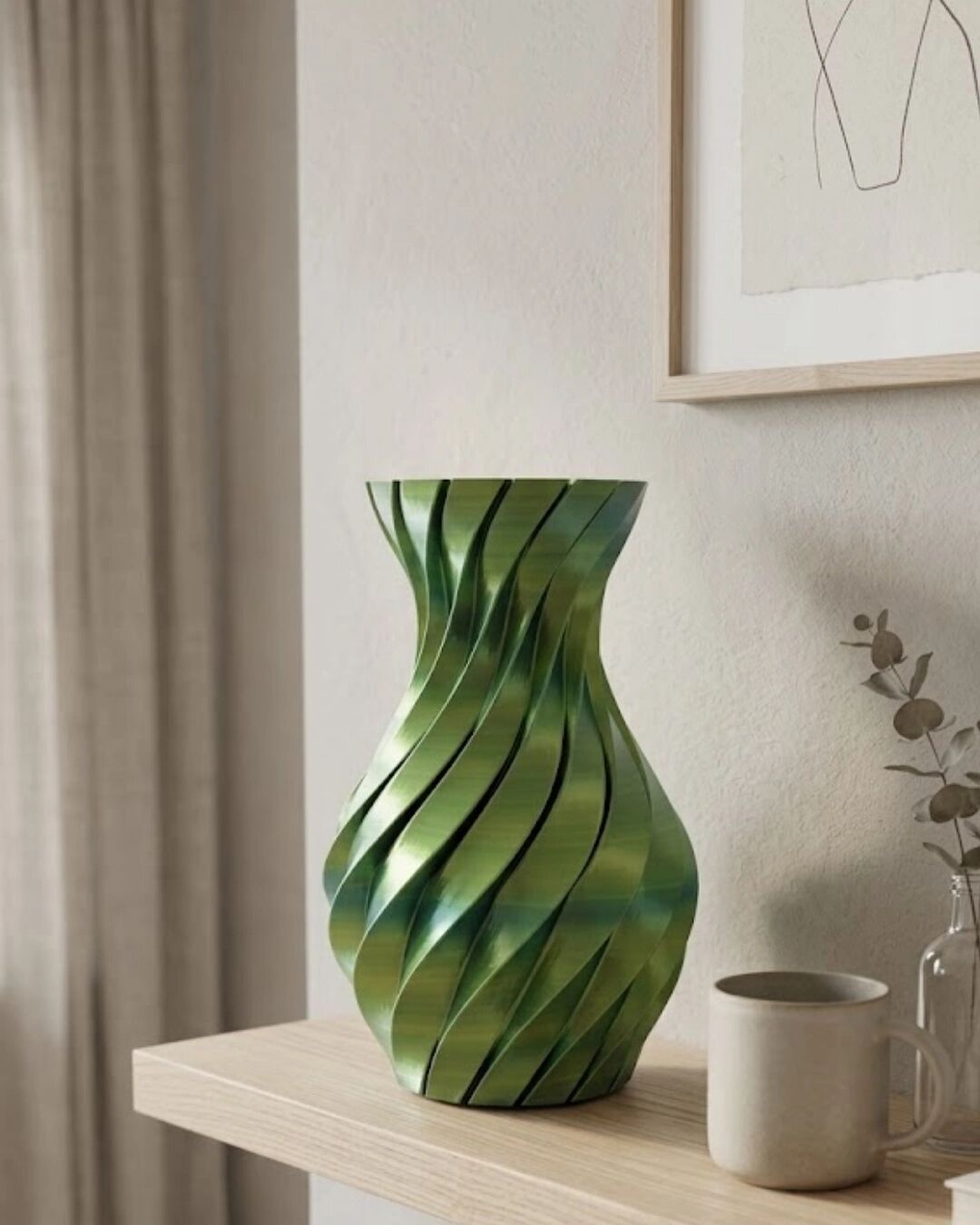 Yeşil Spiral 3D Baskı Vazo Estetik Modern Ev Ofis Dekoru