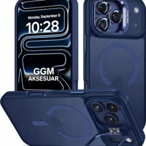& Aksesuar Magsafe ile Uyumlu Kamera Lens Hediyeli Mat Şeffaf Pc Telefon Kılıfı Manyetik Standlı Darbe Emici Mavi iPhone 17 Pro Max