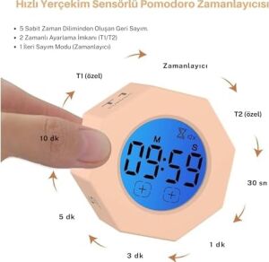 NPT22A Alarmlı G-Sensör Otomatik Zamanlayıcılı Küp Kronometre Pomodoro Motivasyon Saati (Pembe)