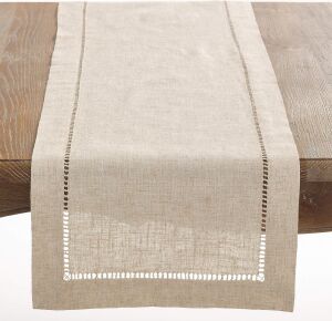 Saro Lıfestyle Polyester ve Keten Karışımı Hemstitch Kenarlı Masa Örtüsü, Doğal, 40,64 cm x 304,8 cm