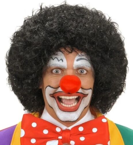 Siyah Renk Kıvırcık Afro Bonus Peruk Saç ve Kırmızı Sünger Burun Seti