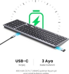 Kablosuz Ultra Ince Sessiz Bluetooth Türkçe Q Klavye, Siyah, 15258TR