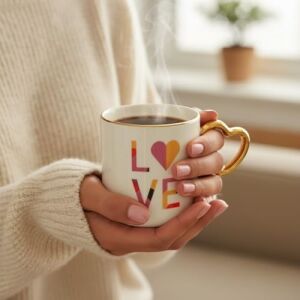 Gold Saplı Porselen Kalp Kupa - 400 ml Büyük Boy Lüks Tasarım - 4 Farklı Modelden Biri (Sürpriz/asorti) - Altın Yaldızlı Şık Hediyelik Mug