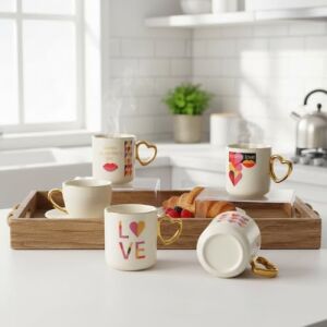 Gold Saplı Porselen Kalp Kupa - 400 ml Büyük Boy Lüks Tasarım - 4 Farklı Modelden Biri (Sürpriz/asorti) - Altın Yaldızlı Şık Hediyelik Mug
