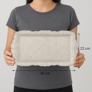 Osmanlı Motifli Küçük Metal Servis Tepsisi – Dekoratif Sunum Tepsisi, 36 x 18 Cm, 306 G (Gümüş Grisi)