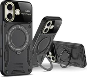 & Aksesuar iPhone 16 ile Uyumlu Joy Lens Kamera Korumalı Entegre Standlı Kılıf (Siyah)