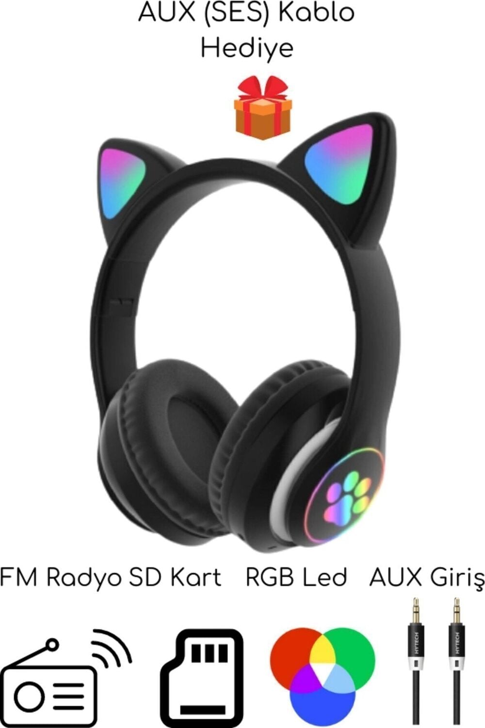 Kulak Üstü Bluetooth 5.0 Gri Kedili Kulaklık Mikrofonlu Fm Radyo Sd Kart Aux Rgb Işıklı