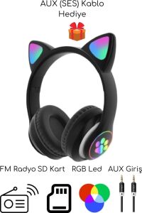 Kulak Üstü Bluetooth 5.0 Gri Kedili Kulaklık Mikrofonlu Fm Radyo Sd Kart Aux Rgb Işıklı