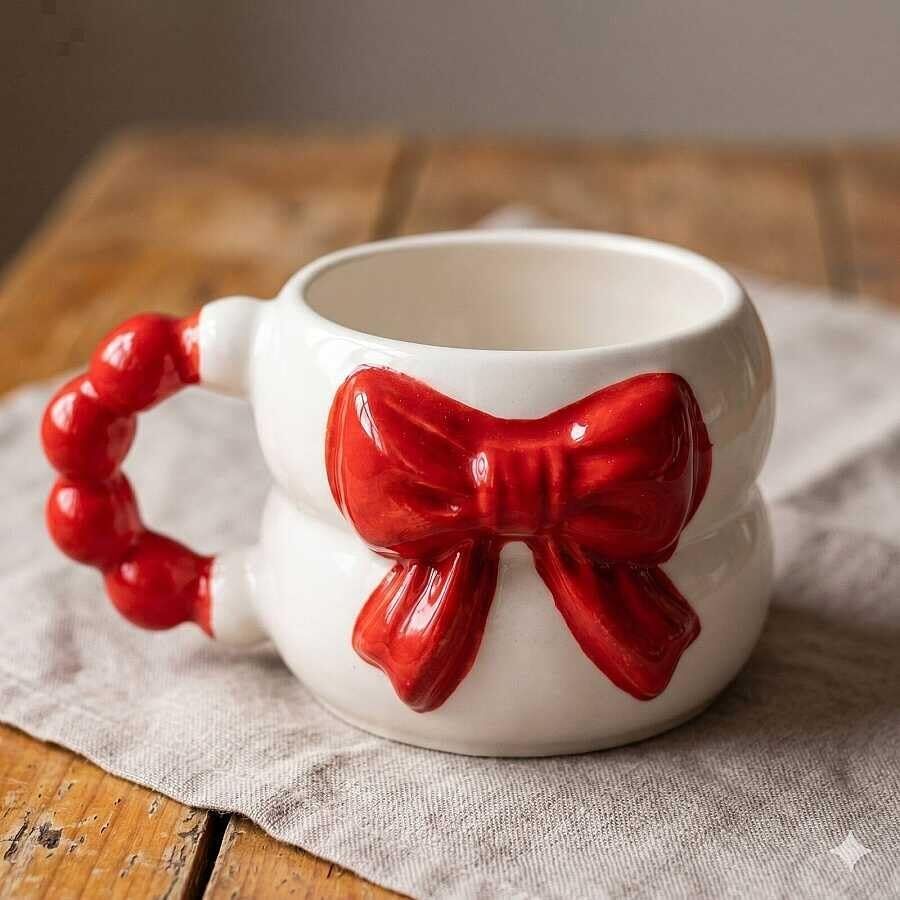Kırmızı Fiyonk Kupa 3D Kabartmalı El Yapımı Krem Parlak - El Işçiliği 3D Hediyelik